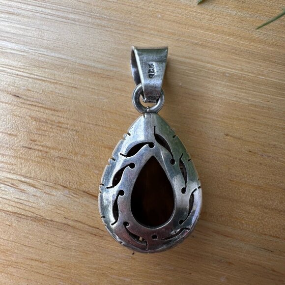VTG‎ Pendant 1.5" Teardrop Faceted Tiger Eye Gemstone 925 Sterling Silver 5.8g - Picture 4 of 6